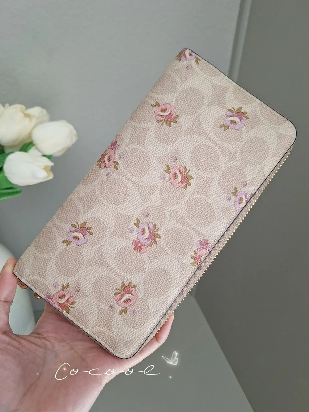 NWT Coach CAR06 Long Zip Around Wallet Signature Canvas Floral Gold/Sand Multi